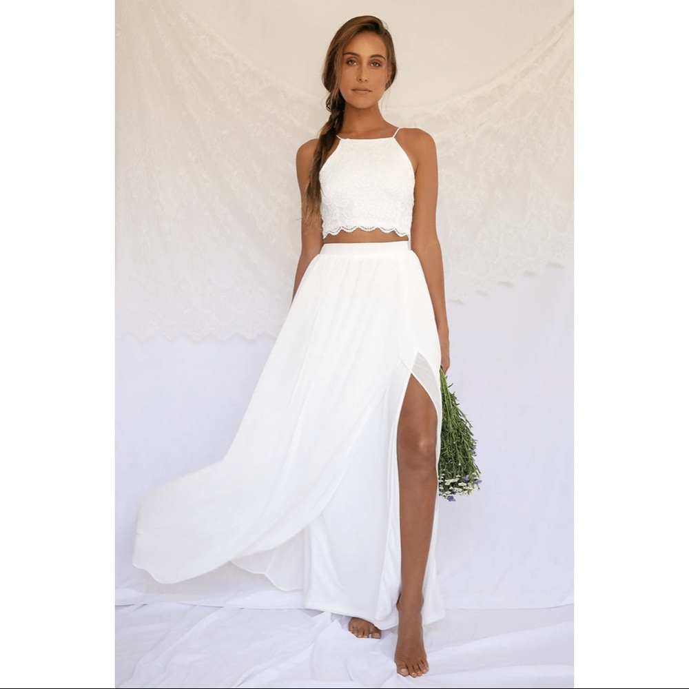 Lulus Midnight Memories White Lace Two-Piece Maxi Dress